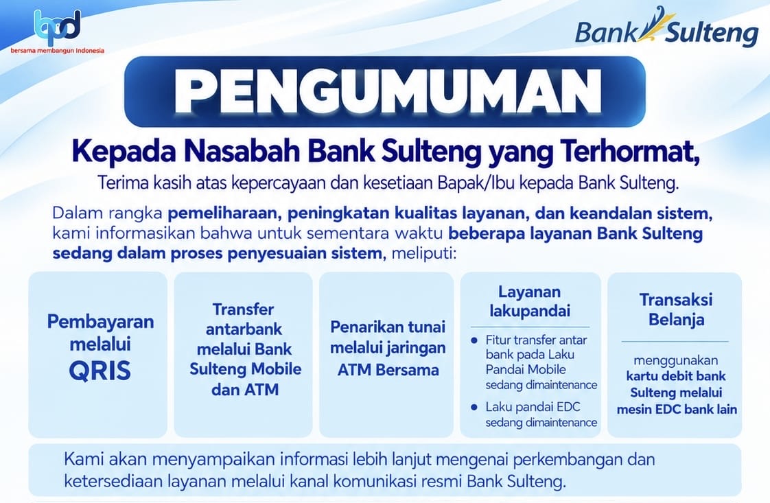 PENGUMUMAN PENYESUAIAN SISTEM LAYANAN BANK SULTENG
